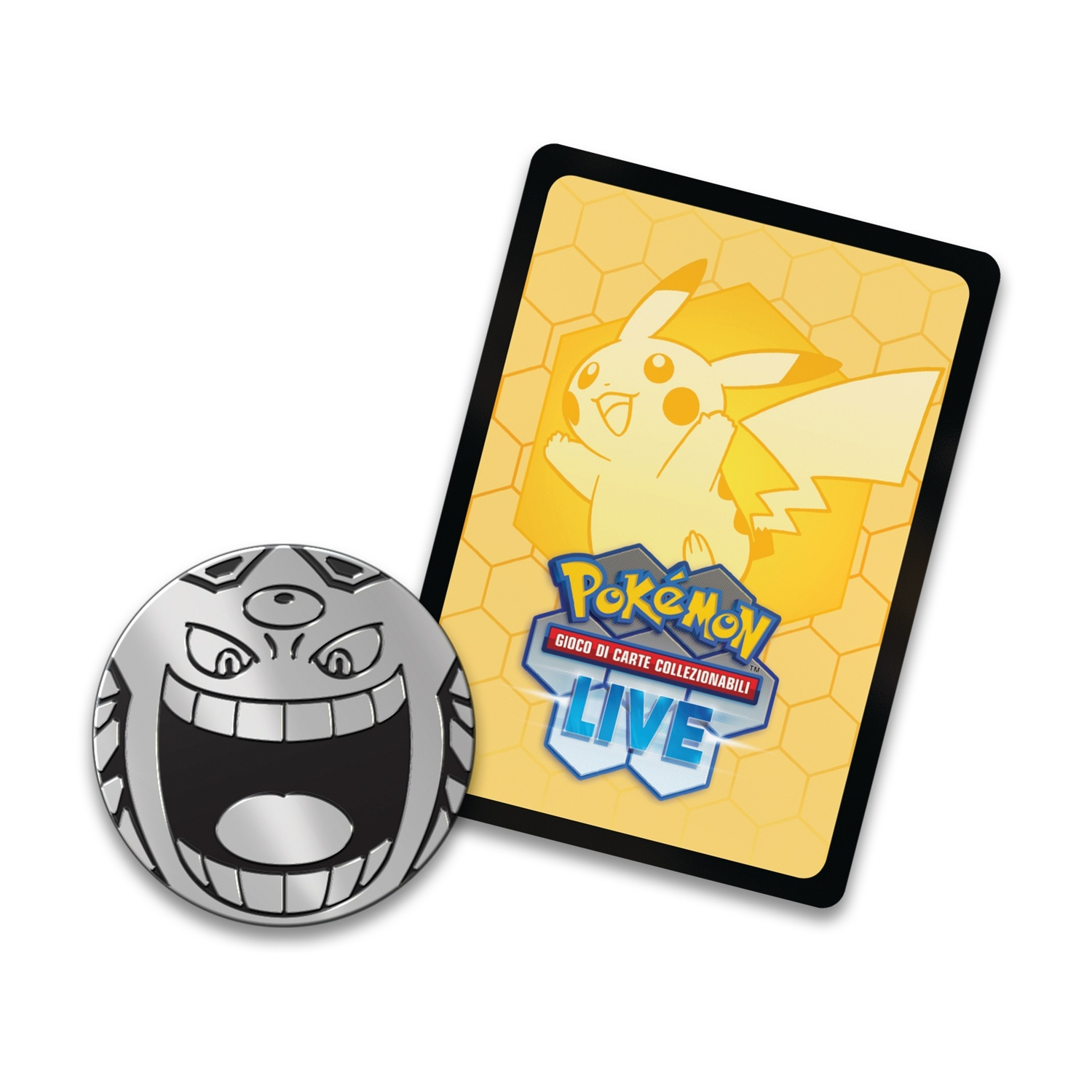 Una carta da gioco Pokémon Live con Pikachu e una moneta con faccia sorridente.