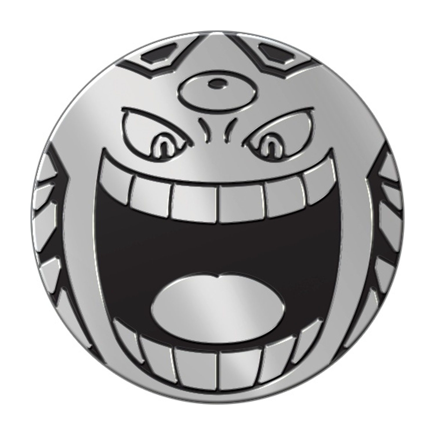 Moneta d'argento con faccia da cartone animato, tre occhi, bocca larga e denti.