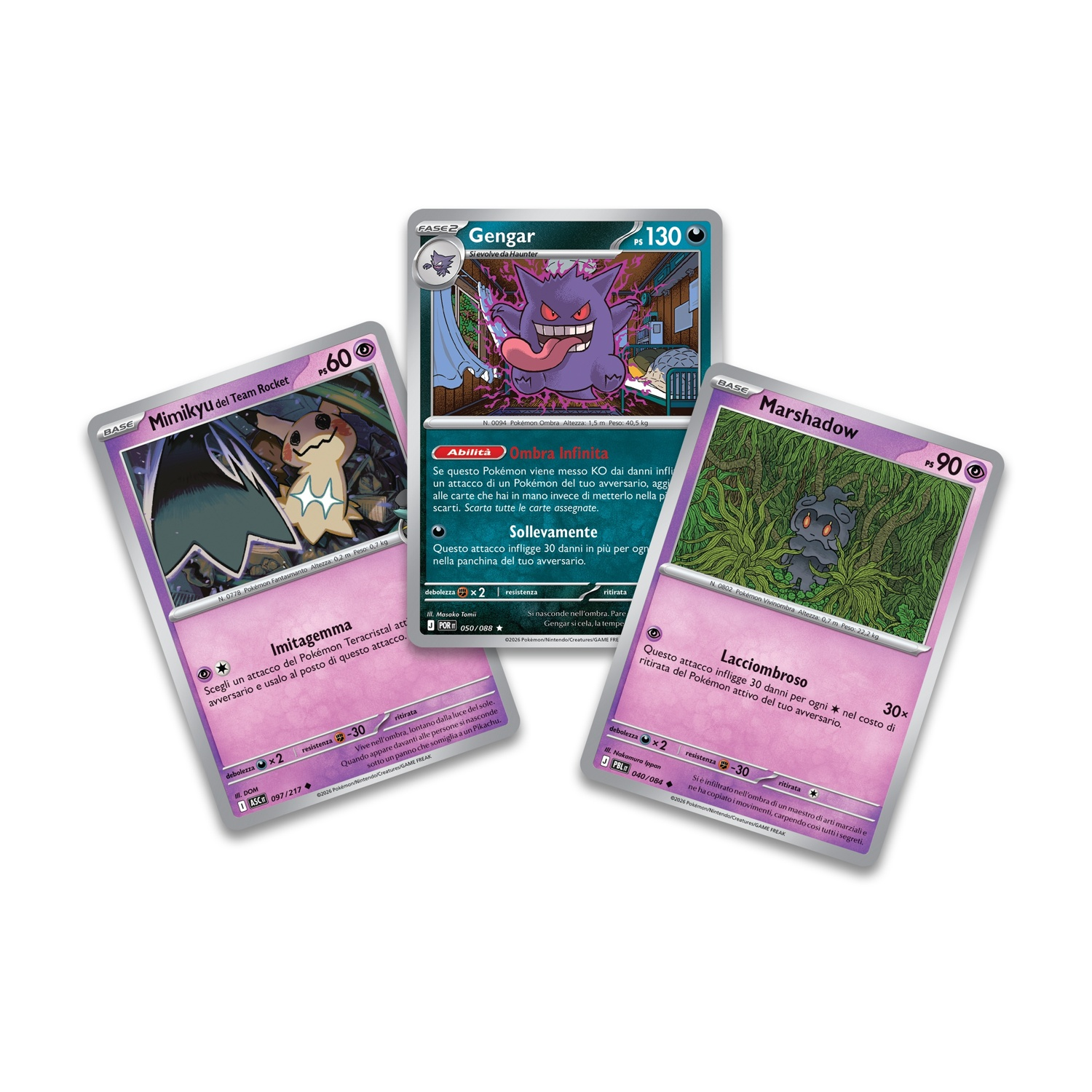 Tre carte Pokémon: Gengar, Mimikyu e Marshadow, disposte una accanto all'altra.