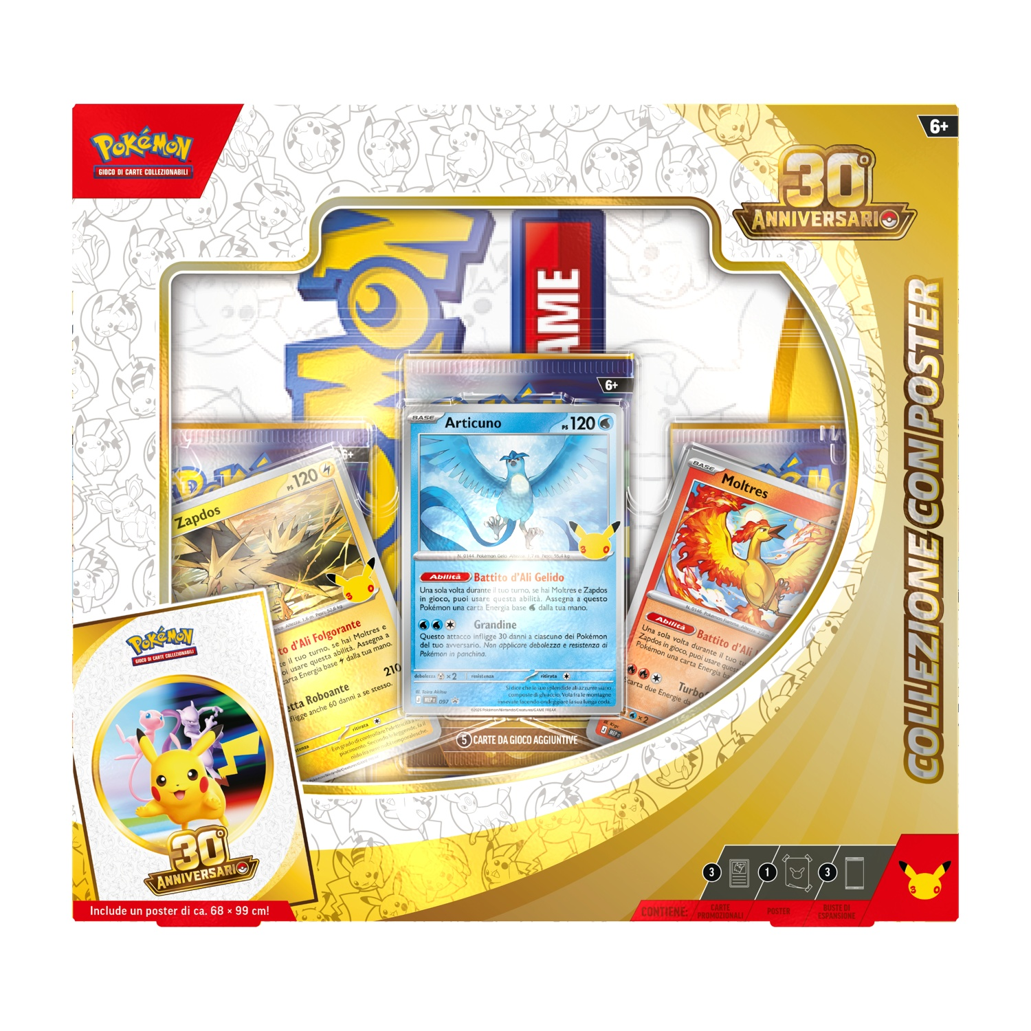 Collezione Pokémon 30° Anniversario con carte Zapdos, Articuno, Moltres e poster.