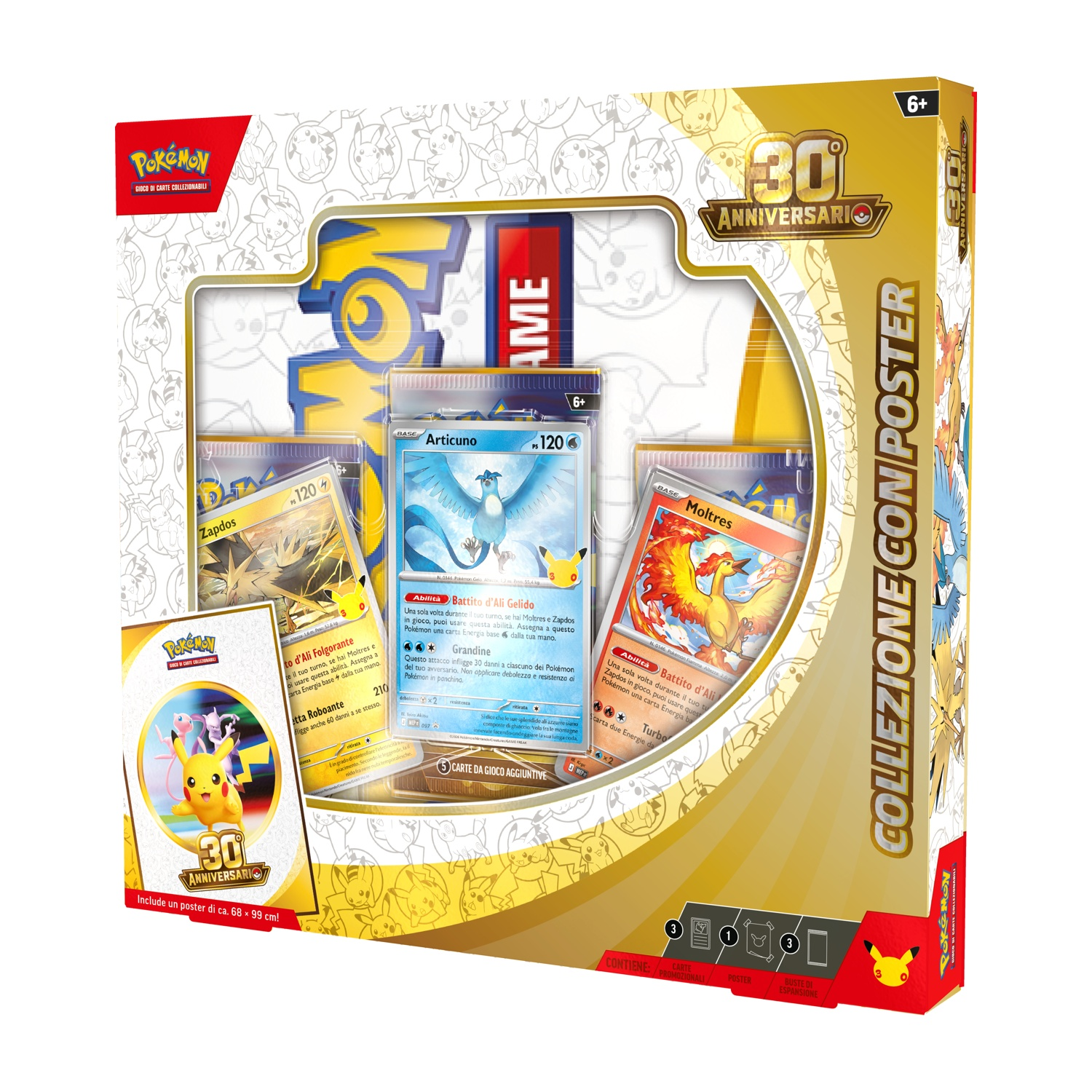 Box Pokémon 30° Anniversario con carte Zapdos, Articuno, Moltres e poster.