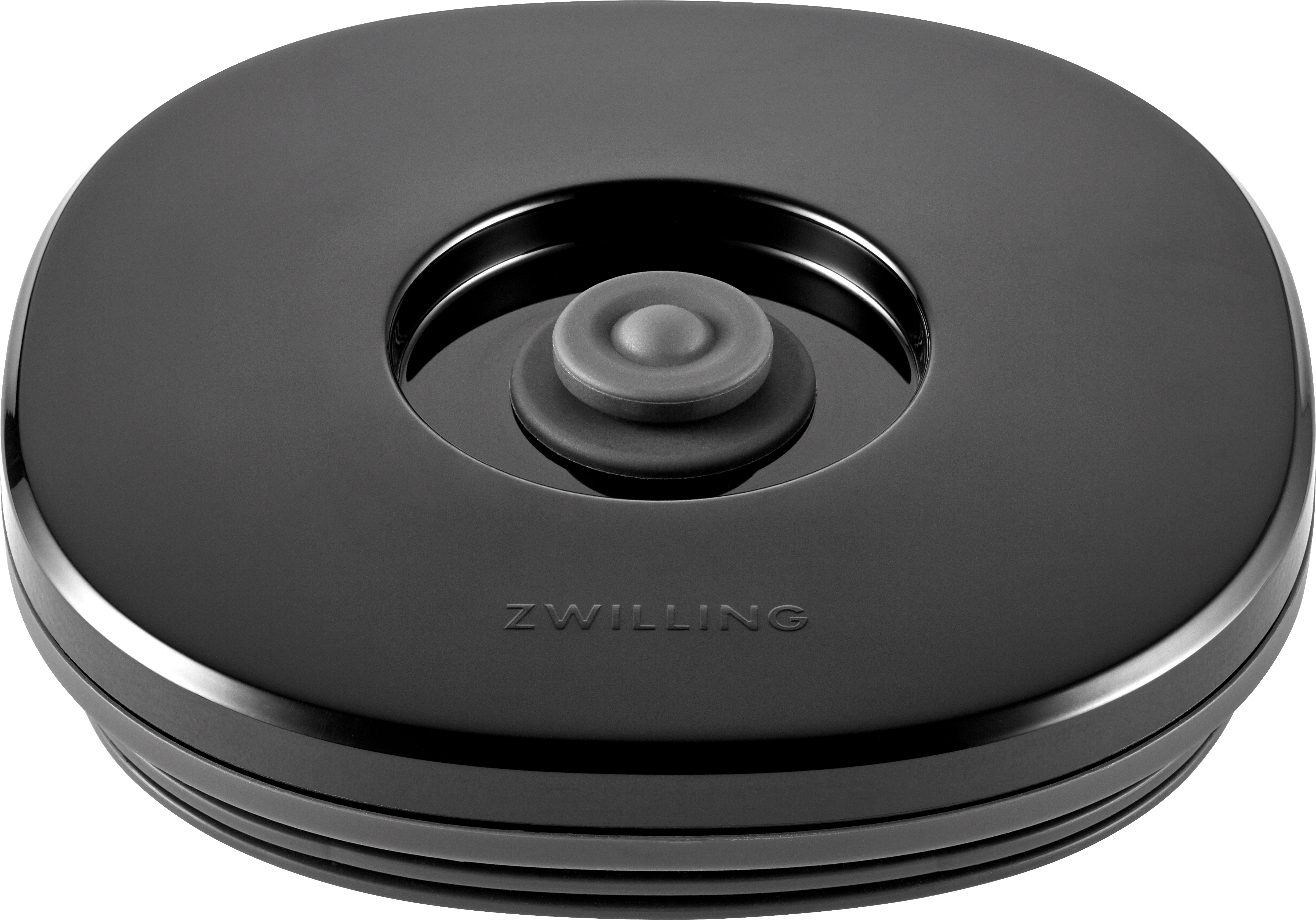 Schwarzer Deckel mit ZWILLING-Logo und Gumminoppe in der Mitte.