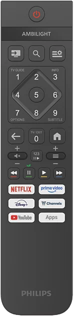 Eine graue Philips TV-Fernbedienung mit Ambilight-Logo, Zifferntasten und App-Symbolen.