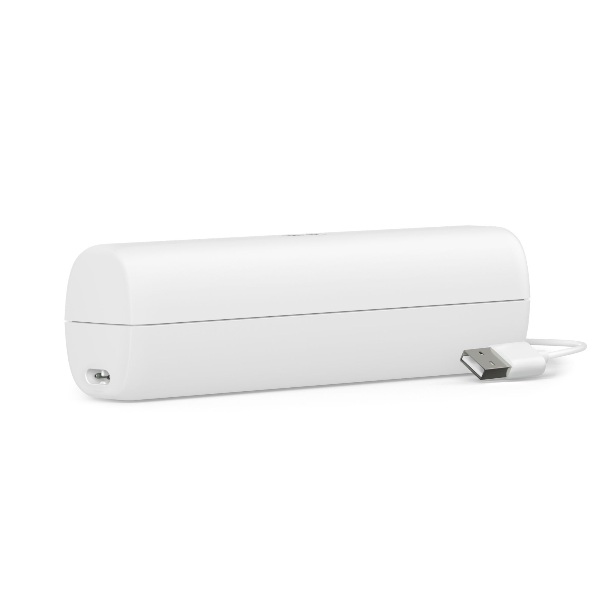 Ein weißes, zylindrisches Gerät mit einem USB-Anschluss und einem Kabel.