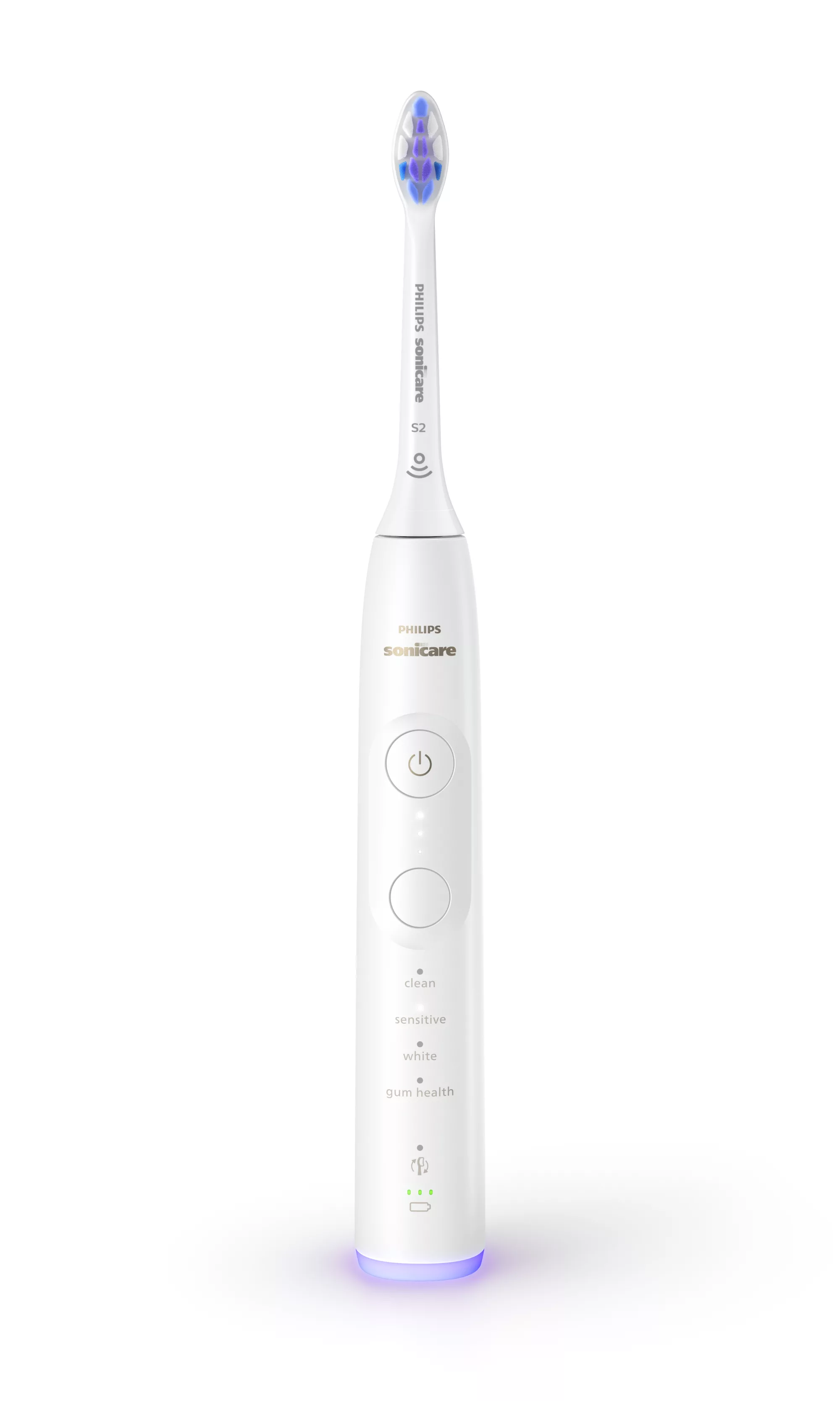 Eine weiße elektrische Zahnbürste von Philips Sonicare mit blauen Borsten und drei Modi.