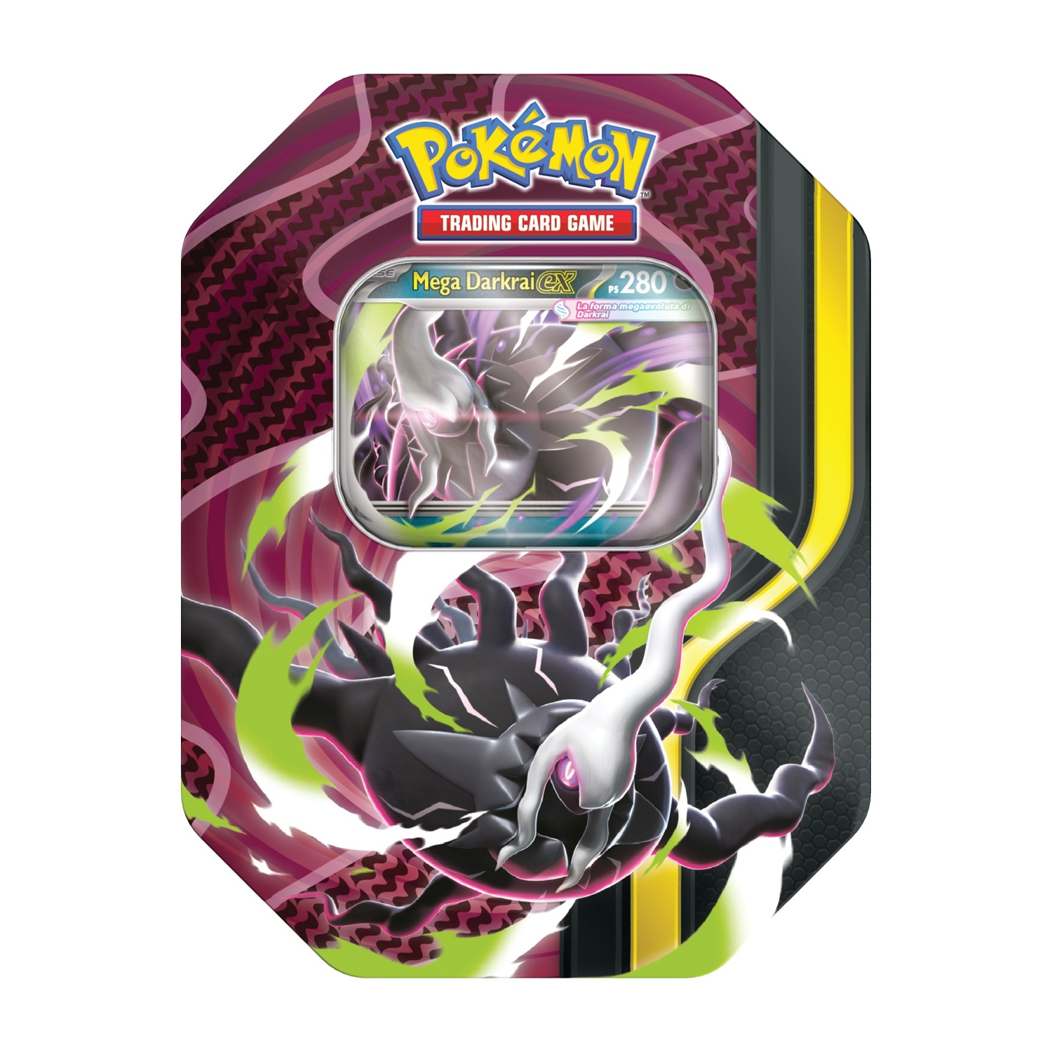 Lattina gioco carte collezionabili Pokemon Mega Darkrai EX con design scuro e accenti luminosi.