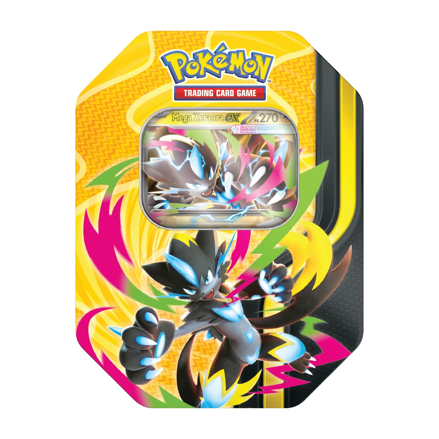 Latta Gioco di Carte Collezionabili Pokémon con Mega Zeraora EX e fulmini colorati.