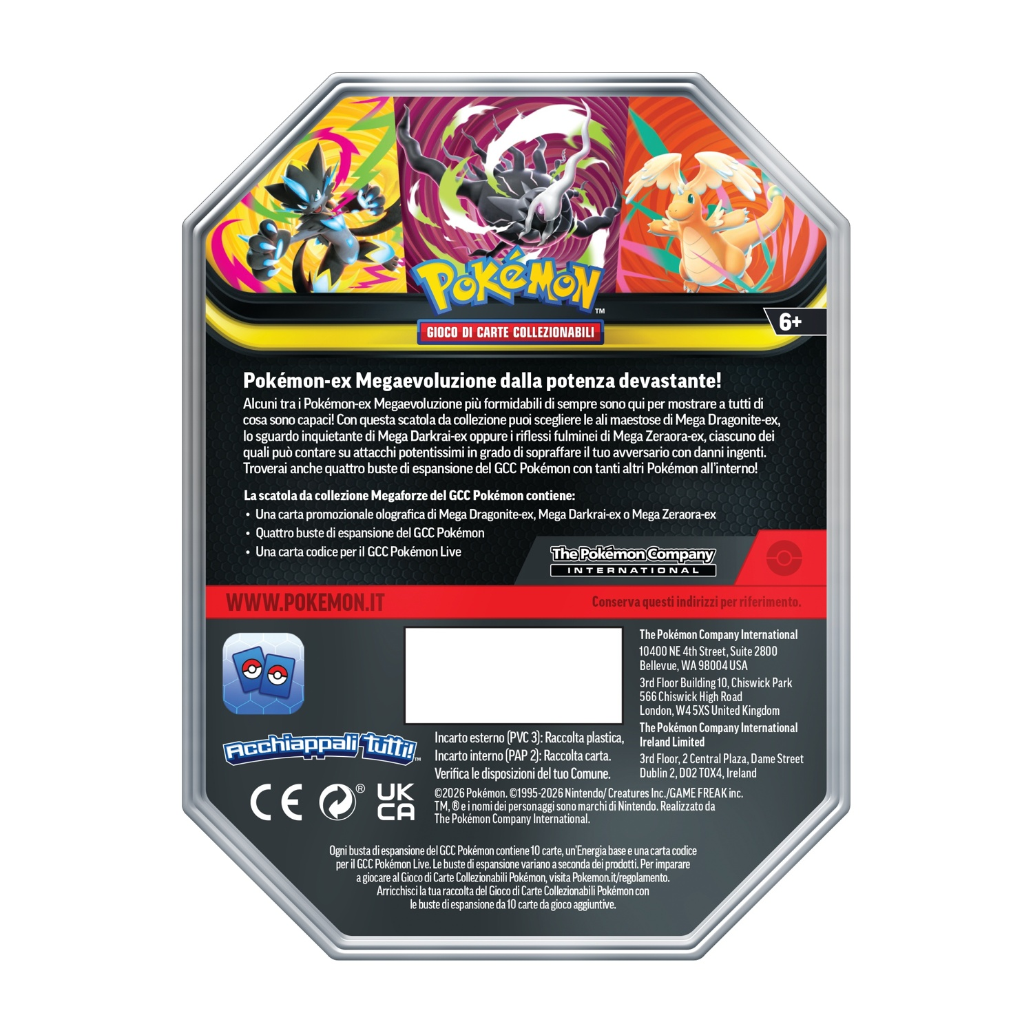 La scatola da collezione GCC Pokémon mostra Mega Evoluzioni di Dragonite, Darkrai e Zeraora.