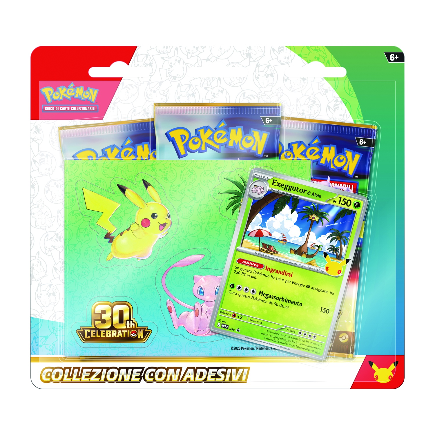Collezione TCG Pokémon con Pikachu, Mew e carta Exeggutor.