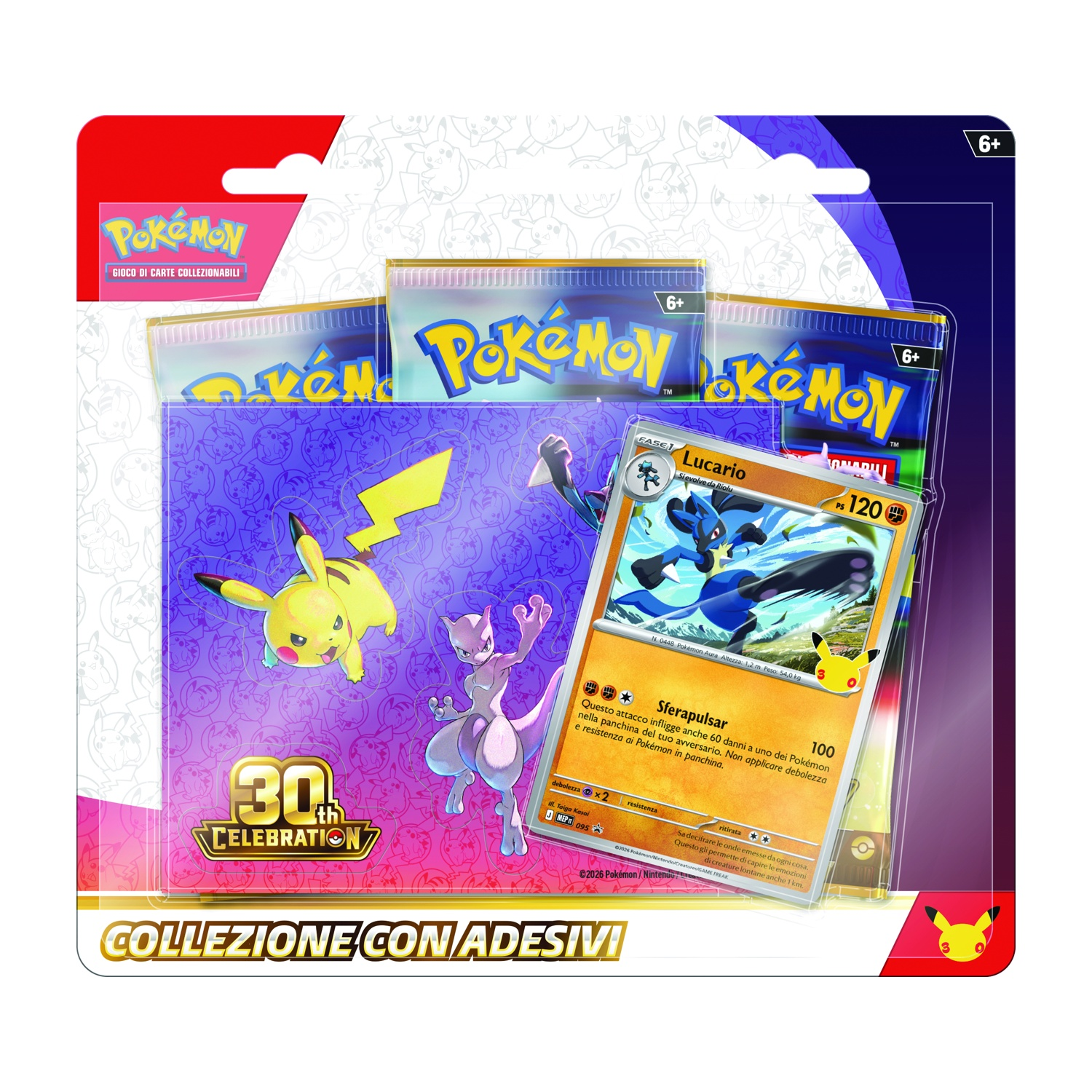 Set di carte collezionabili Pokémon con carta Lucario, arte Pikachu e Mewtwo, 3 bustine.