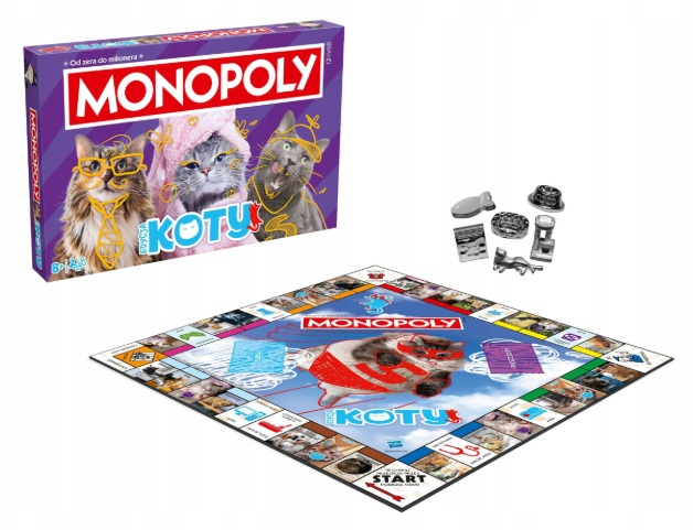 Pudełko gry Monopoly 'Koty', plansza i pionki na białym tle.