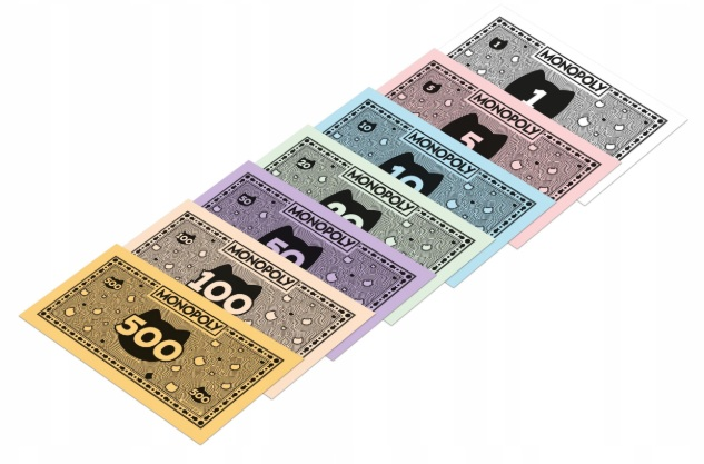 Kilka banknotów Monopoly w różnych kolorach i nominałach leży na sobie.