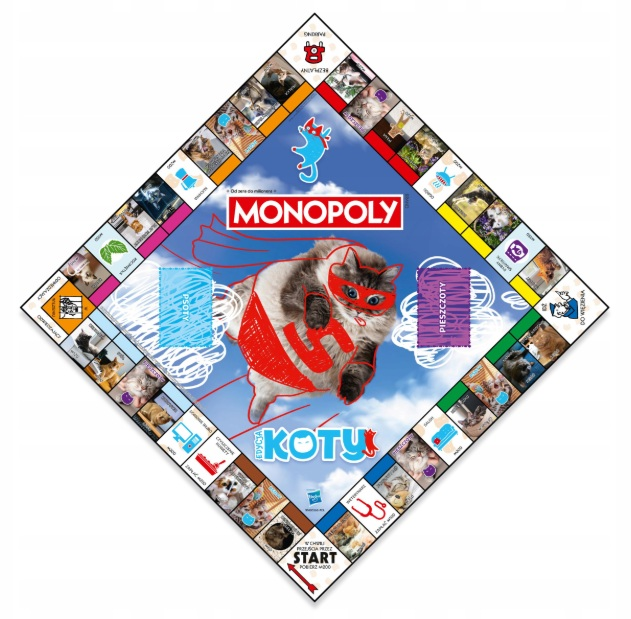 Plansza Monopoly Edycja Koty z latającym kotem w stroju superbohatera.