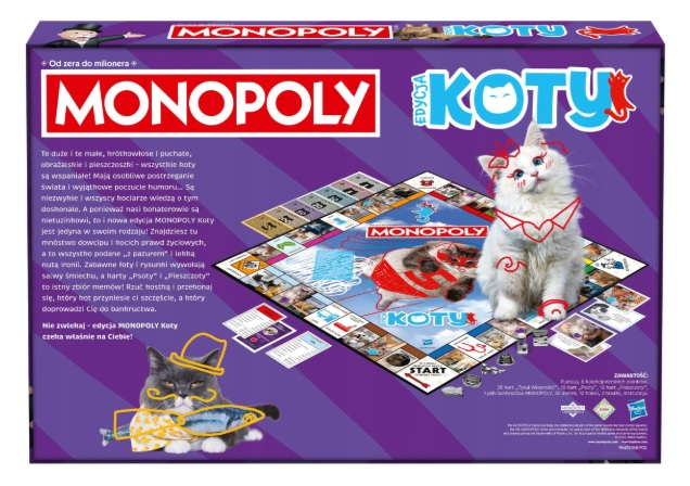 Pudełko gry planszowej Monopoly "Koty" z kotami i planszą.