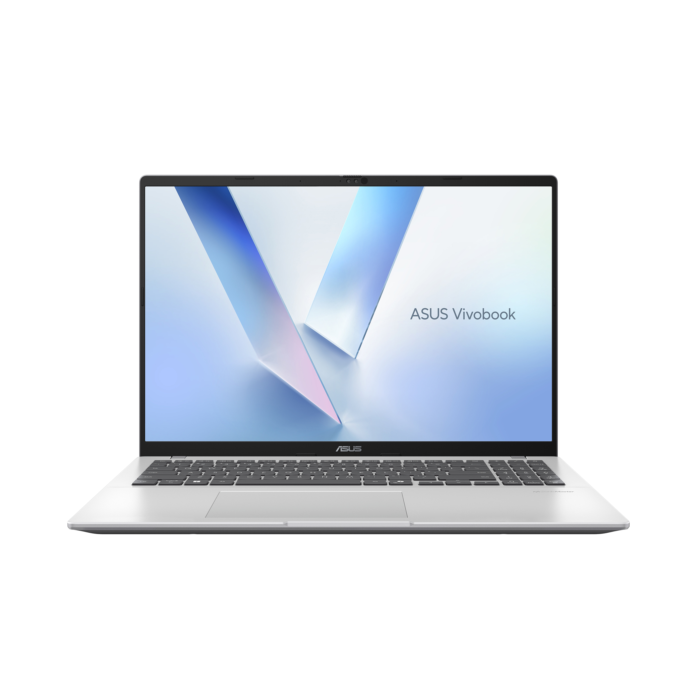 Minimalist bir arka plan üzerinde arkadan aydınlatmalı klavyeye sahip gümüş rengi ASUS Vivobook dizüstü bilgisayar.
