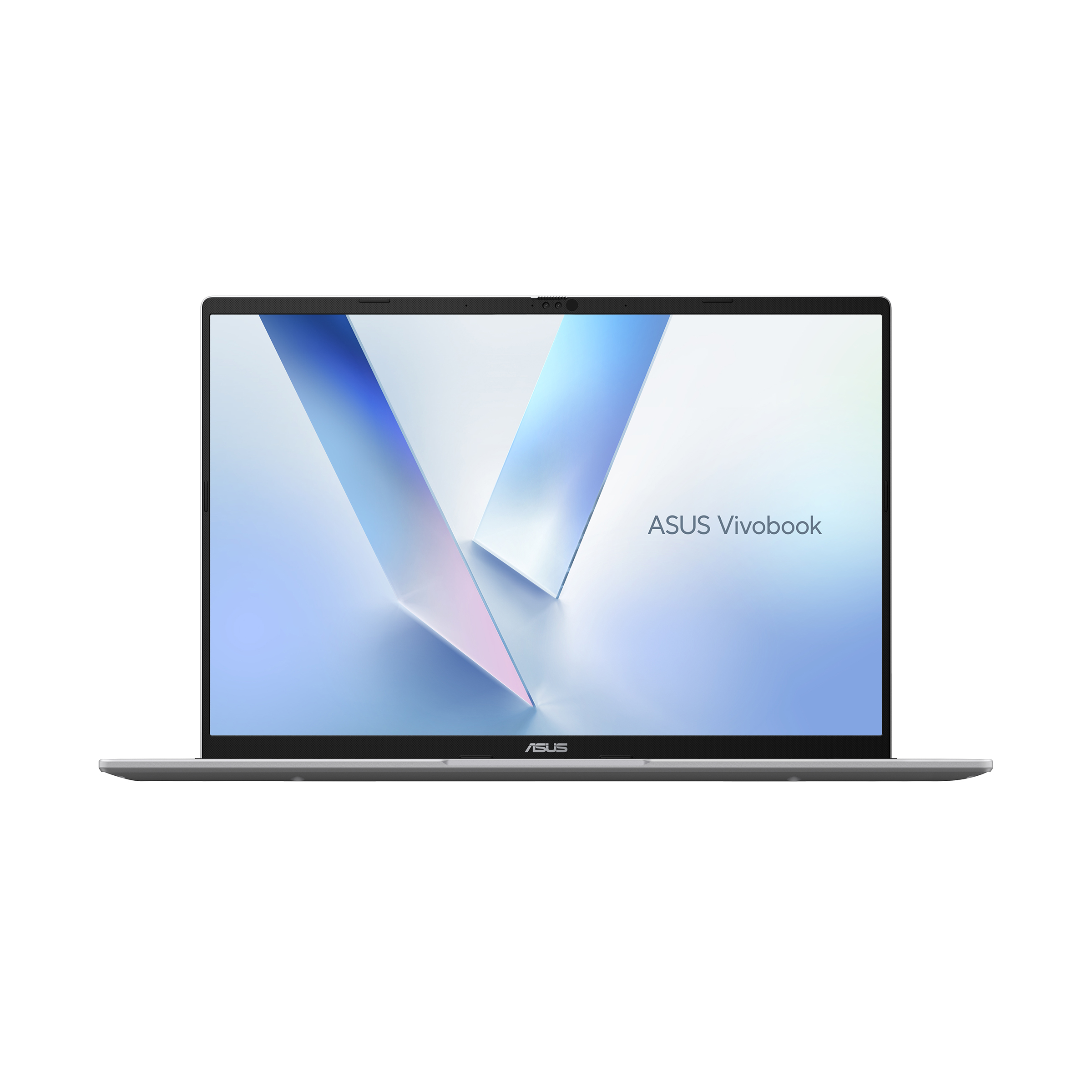 Ekranında V şeklinde bir desen gösteren gümüş renkli Asus Vivobook dizüstü bilgisayar.