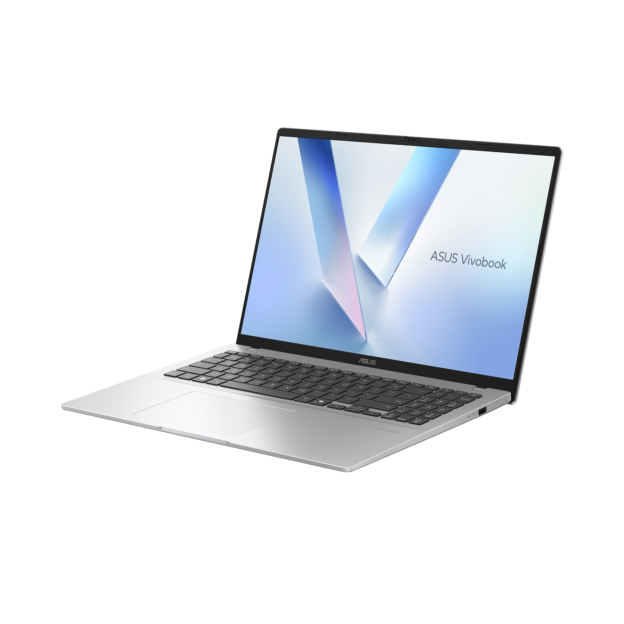 Gümüş renkli Asus Vivobook dizüstü bilgisayar, klavye ve dokunmatik yüzeyi açık.