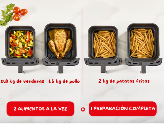 Freidora de aire con pollo, verduras y patatas fritas. Cocina 2 alimentos a la vez.