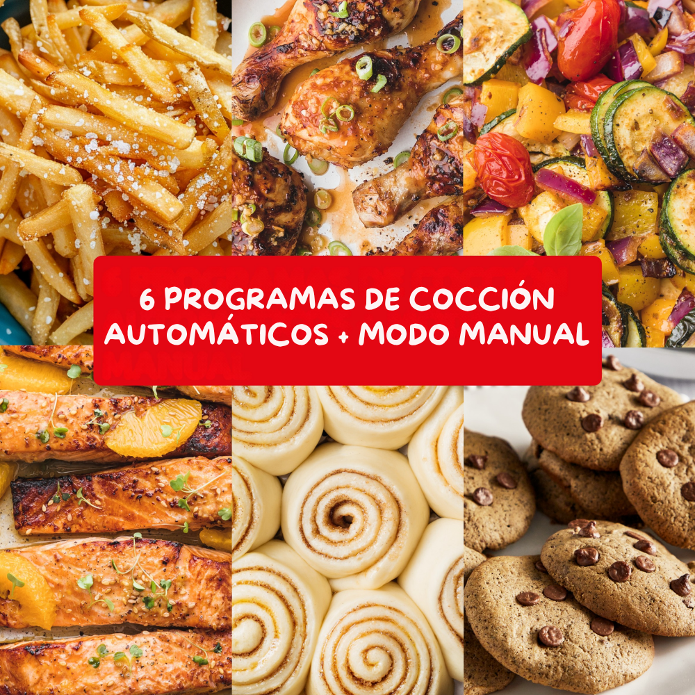 Colage de comida: papas fritas, pollo, verduras, salmón, rollos de canela, galletas.