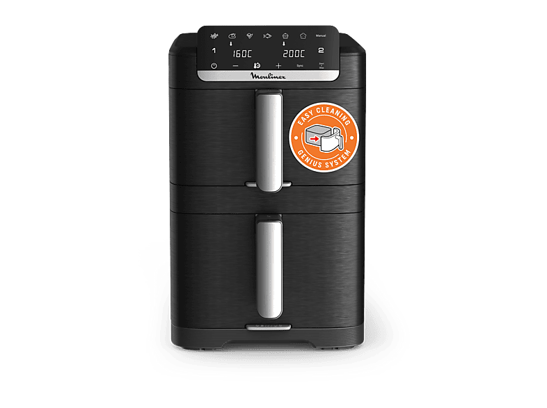 Freidora de aire - Moulinex Dual Easy Fry Stack EZ7568, Doble cesta vertical, Sistema Genius, 10 L, 7 Programas automáticos, Compacta, Negro