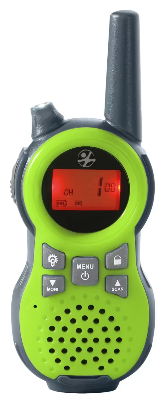 Zöld és szürke walkie-talkie piros képernyővel, 1-es csatornát mutat.