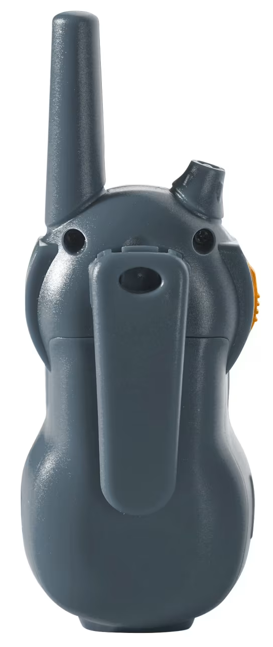 Szürke walkie-talkie hátuljának felülnézete, klipszel és antennával.