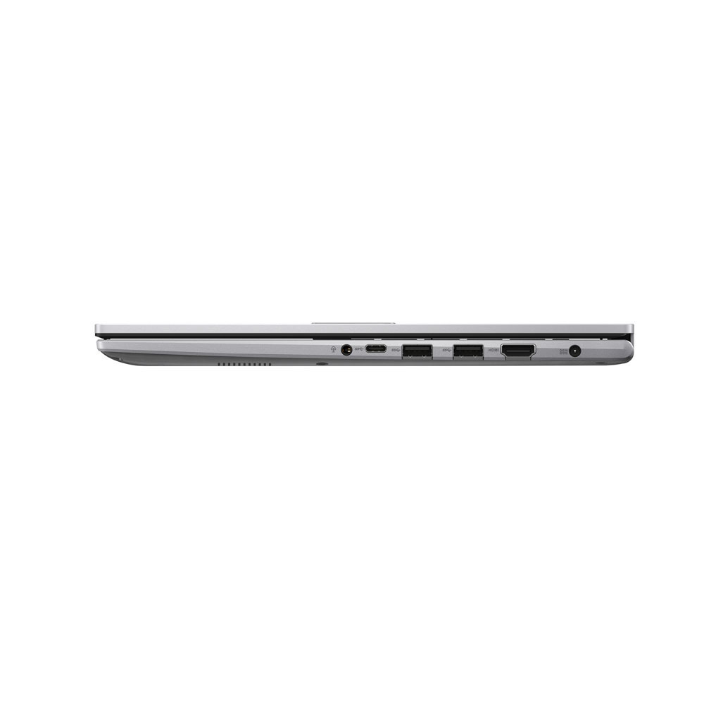 Gümüş dizüstü bilgisayar bağlantı noktalarını gösteriyor: USB-C, USB-A, HDMI, kulaklık jakı.