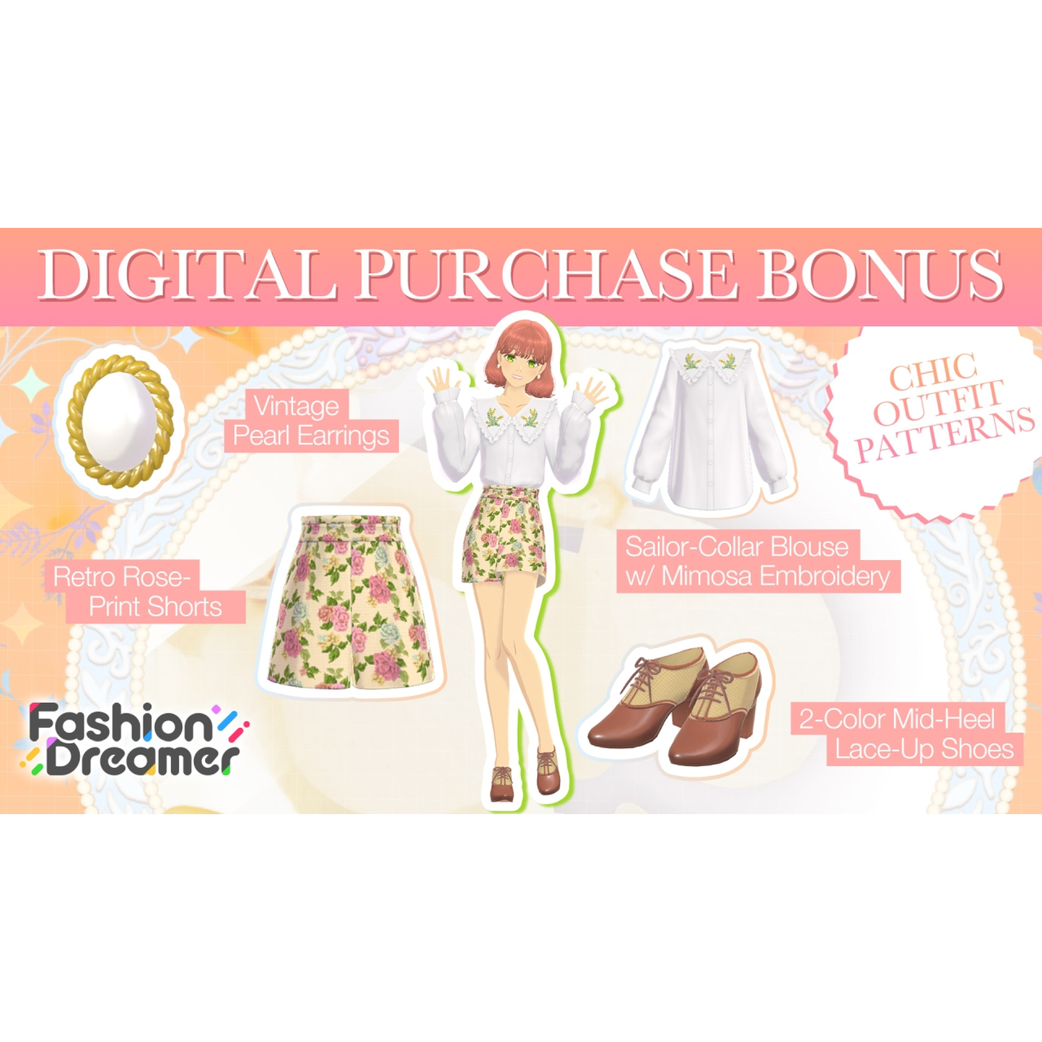 Digitale aankoopbonus: Outfit met rozen-shorts, parel-oorbellen, blouse en schoenen.