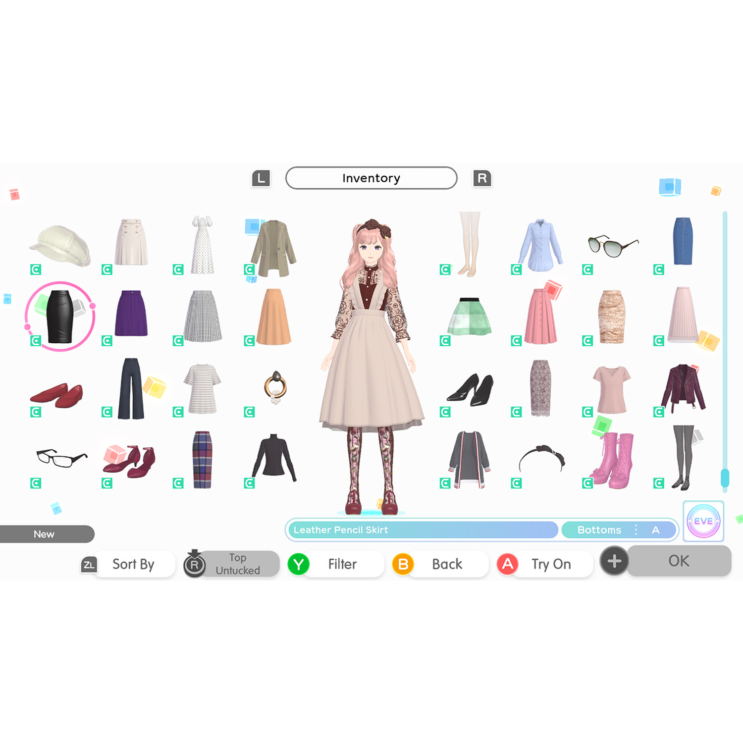 Een virtueel personage met roze haar draagt een beige jurk. Inventaris toont kleding.