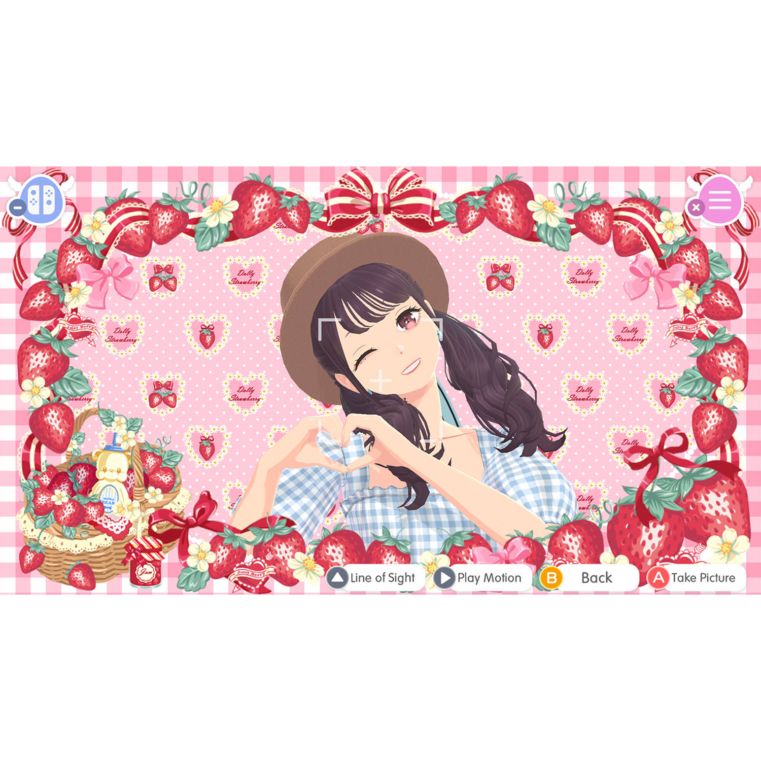 Een anime-meisje met hoed knipoogt, omringd door aardbeien en linten.