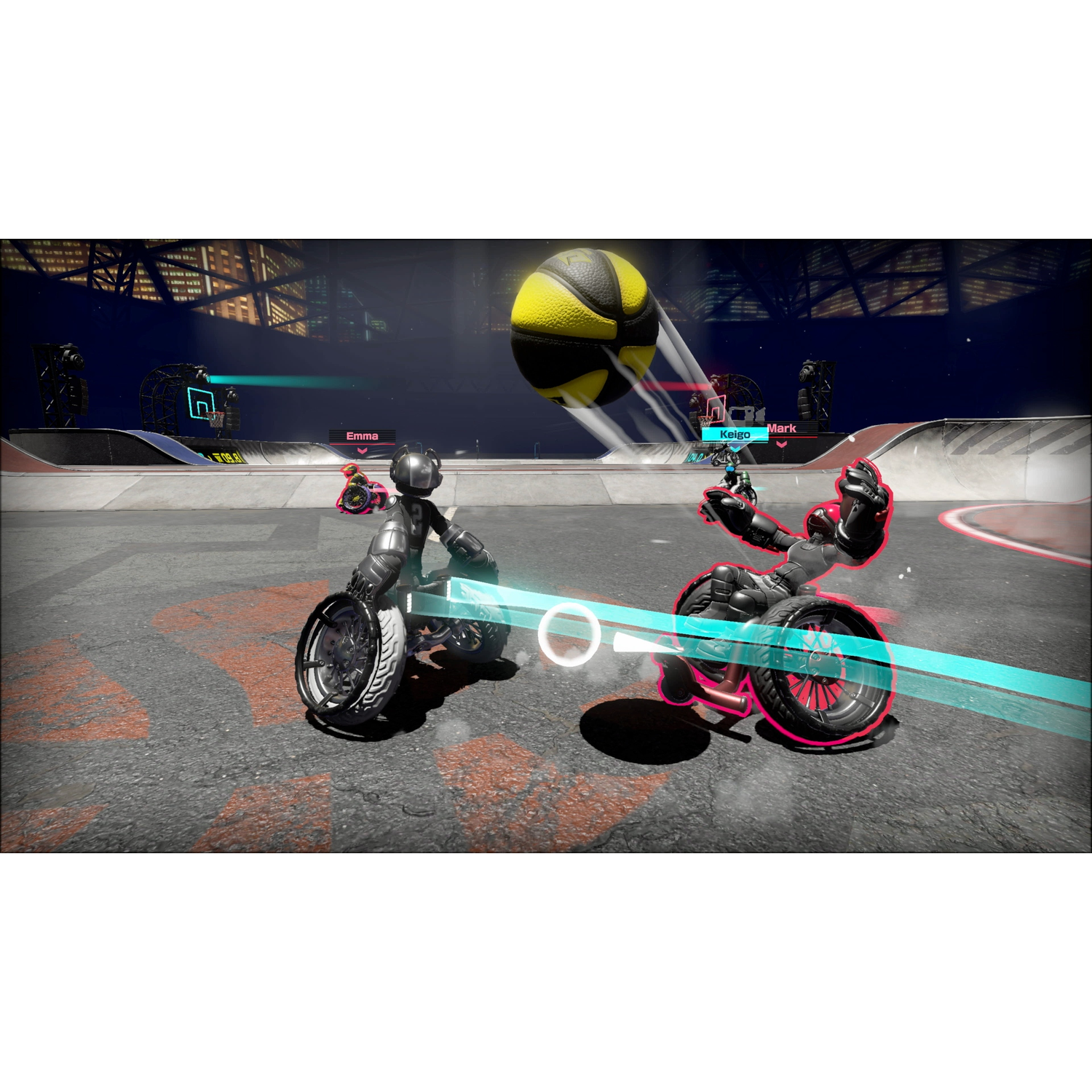 Twee robots op wielen spelen basketbal in een futuristische arena.