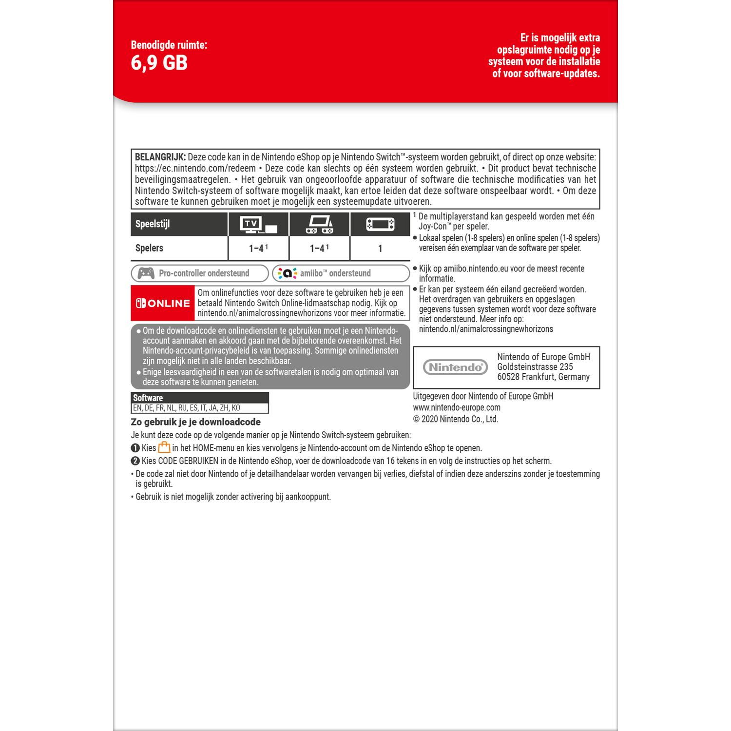 Nintendo Switch systeeminfo: 6,9 GB benodigde ruimte. Extra ruimte voor updates.