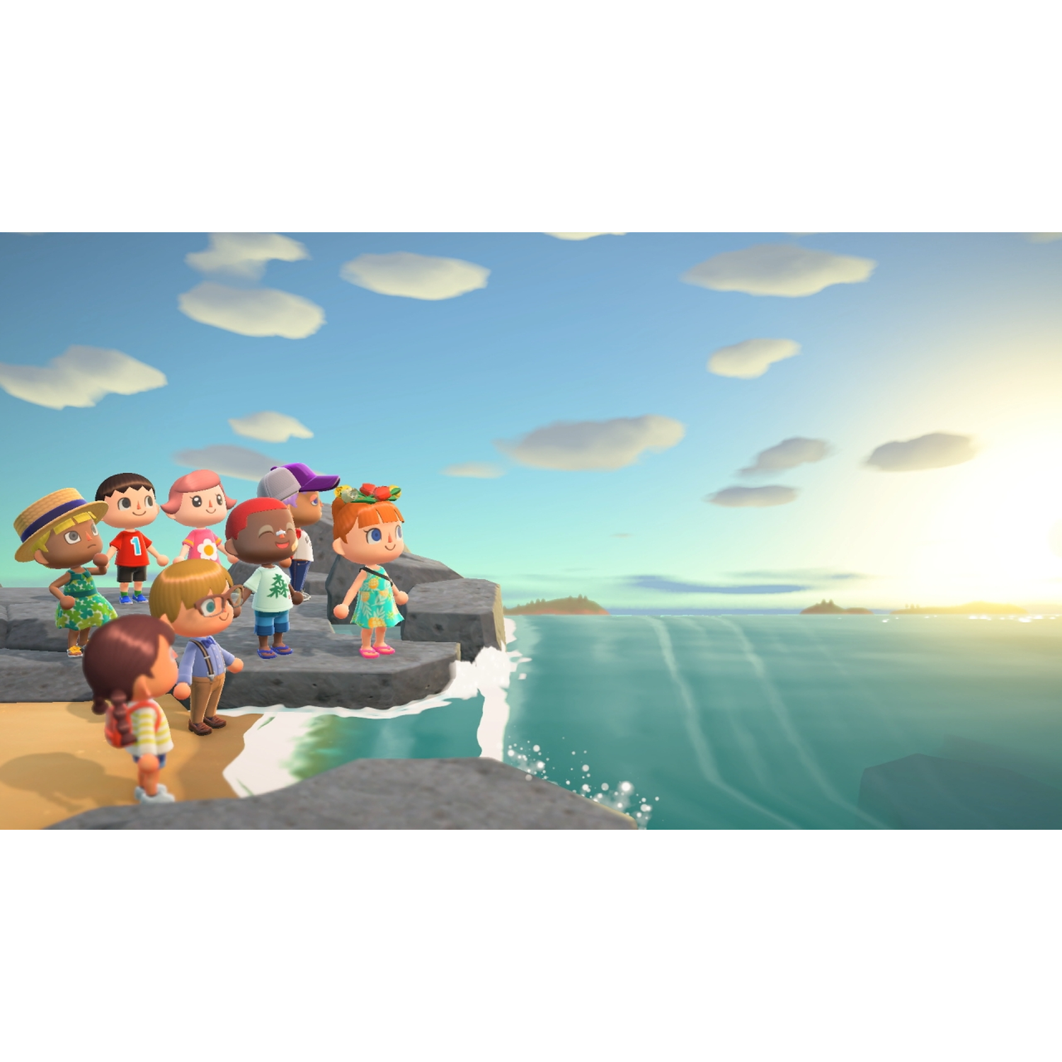 Een groep cartoonpersonages staat op een rots aan zee bij zonsondergang.