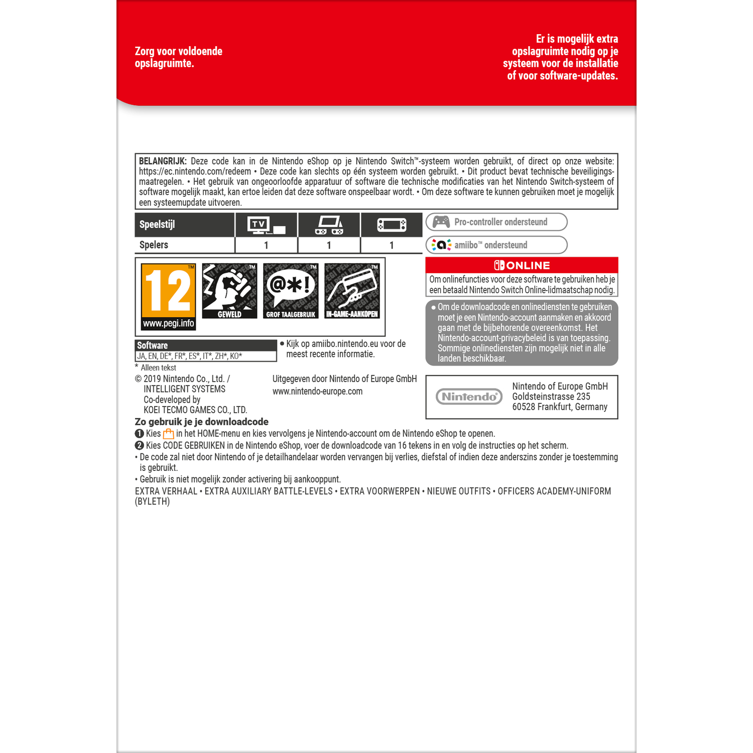 Nintendo Switch spelinfo: PEGI-beoordeling, online functies en downloadcode instructies.