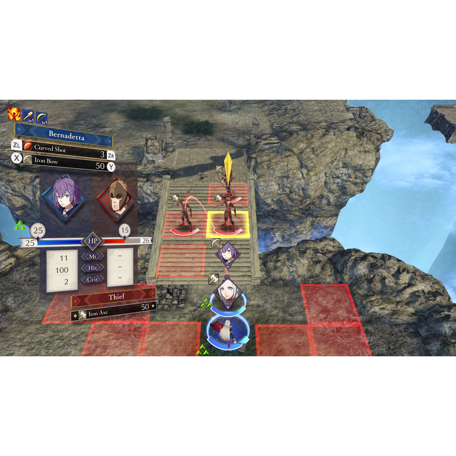 Turn-based gevechtsscherm. Bernadetta gebruikt Gebogen schot met IJzeren boog. Karakters op klif.