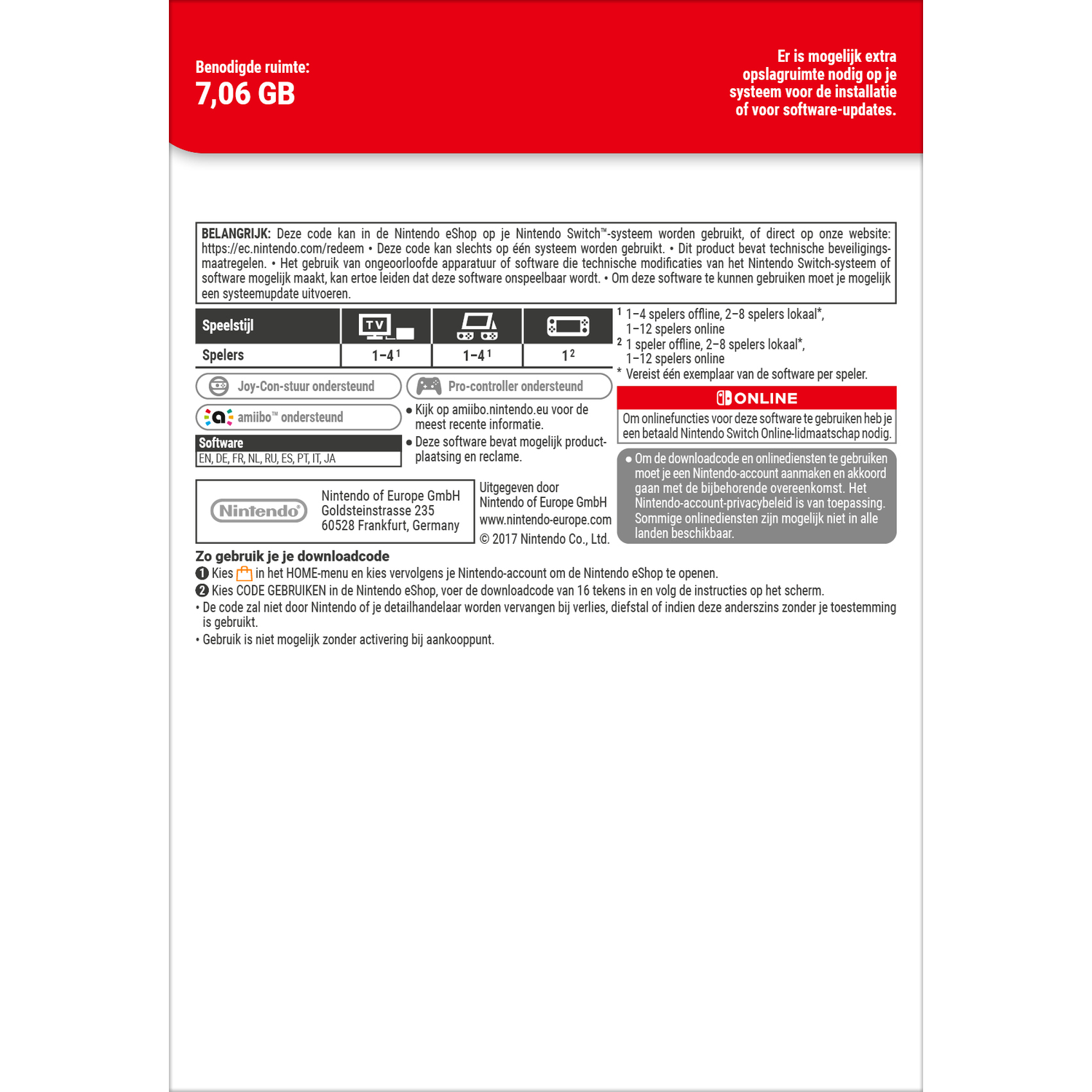 Nintendo Switch Downloadcode Info: Benodigde ruimte, speelmodi, aantal spelers, softwaretalen.