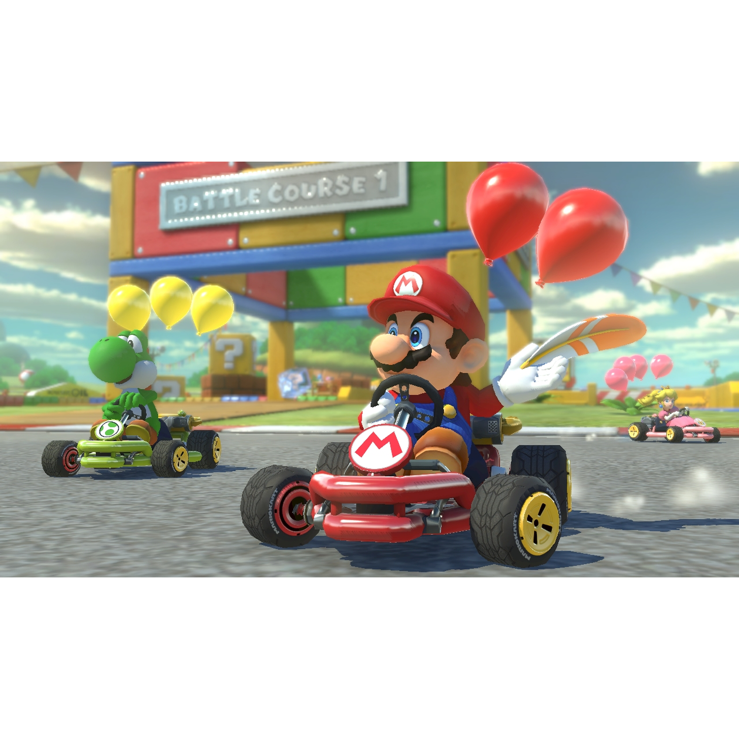 Mario en Yoshi racen in karts op een baan met rode en gele ballonnen.