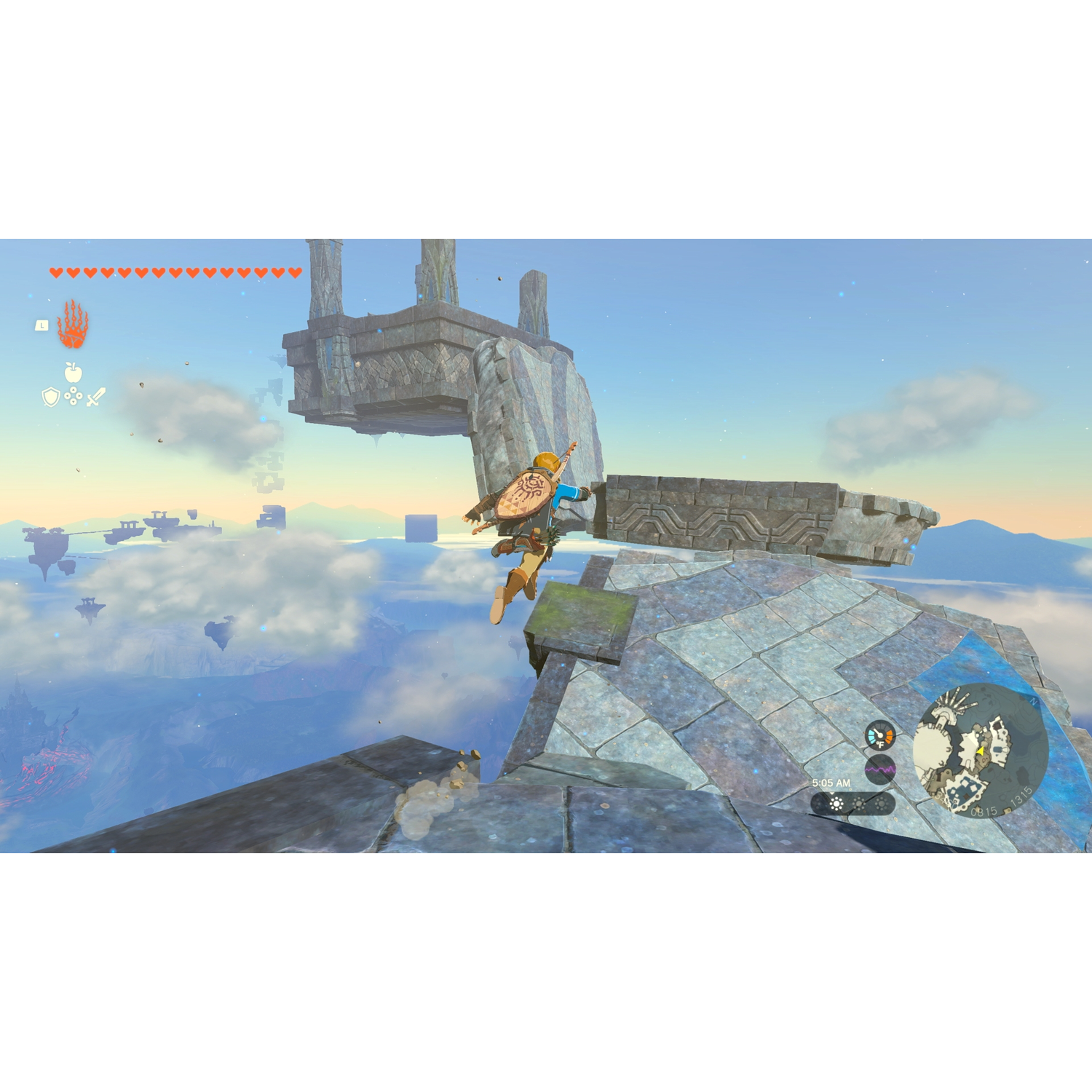 Link springt tussen zwevende eilanden in een blauwe lucht met wolken. Oude ruïnes zijn zichtbaar.