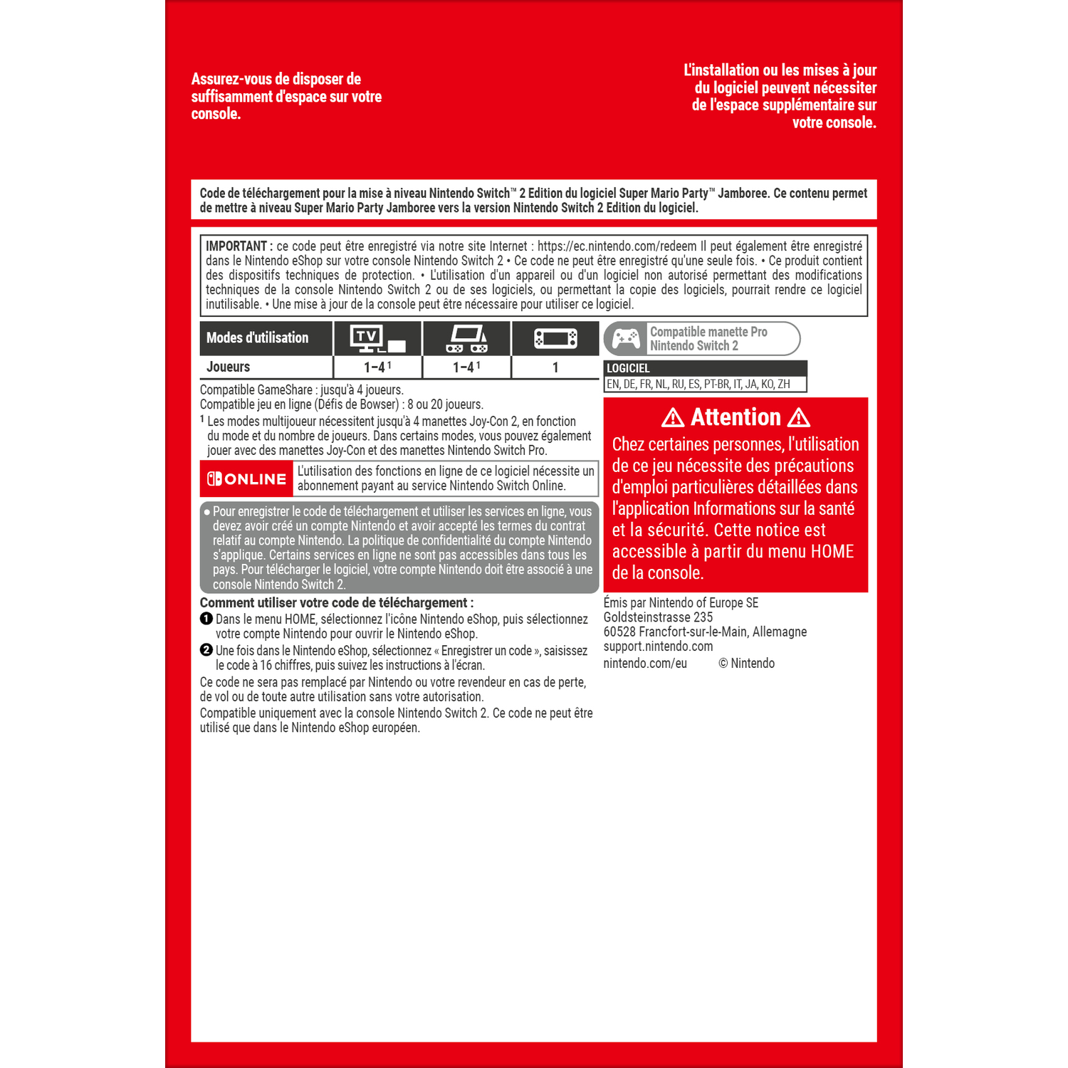 Instructies voor Nintendo Switch Super Mario Party Jamboree downloadcode. Bevat info.