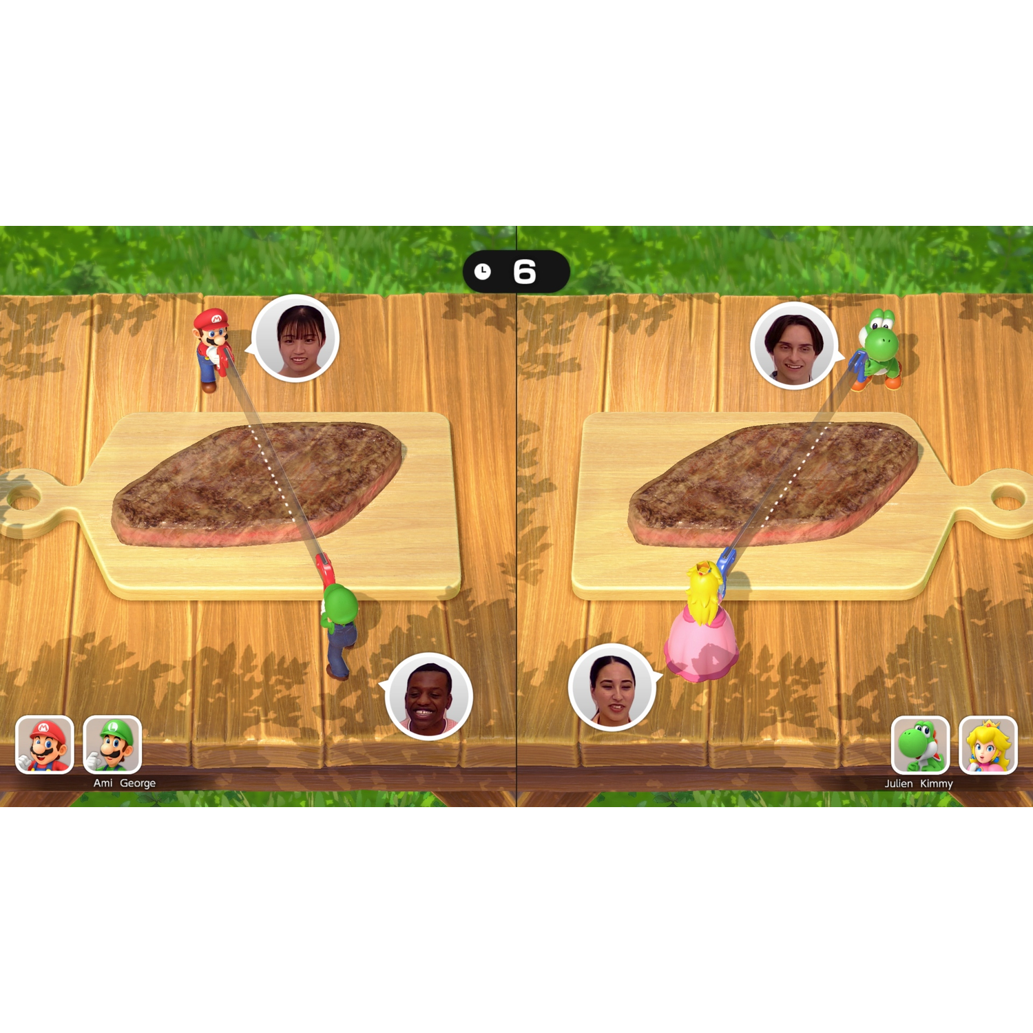 Mario en Luigi personages snijden een biefstuk op een houten plank. Twee spelers strijden.
