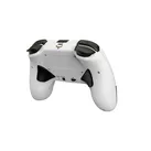 Weiße Videospiel-Controller mit schwarzen Akzenten, von hinten gesehen.