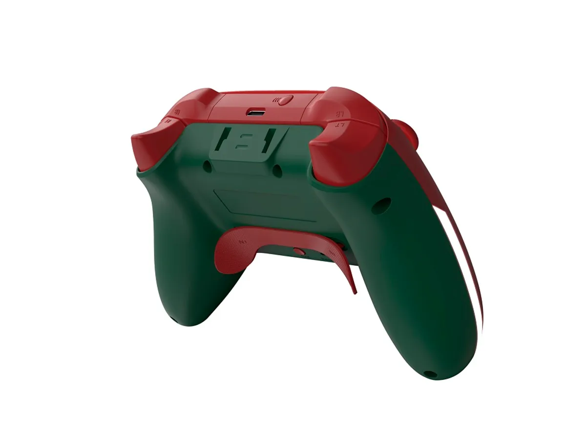 Ein grüner und roter Controller mit weißem Hintergrund.