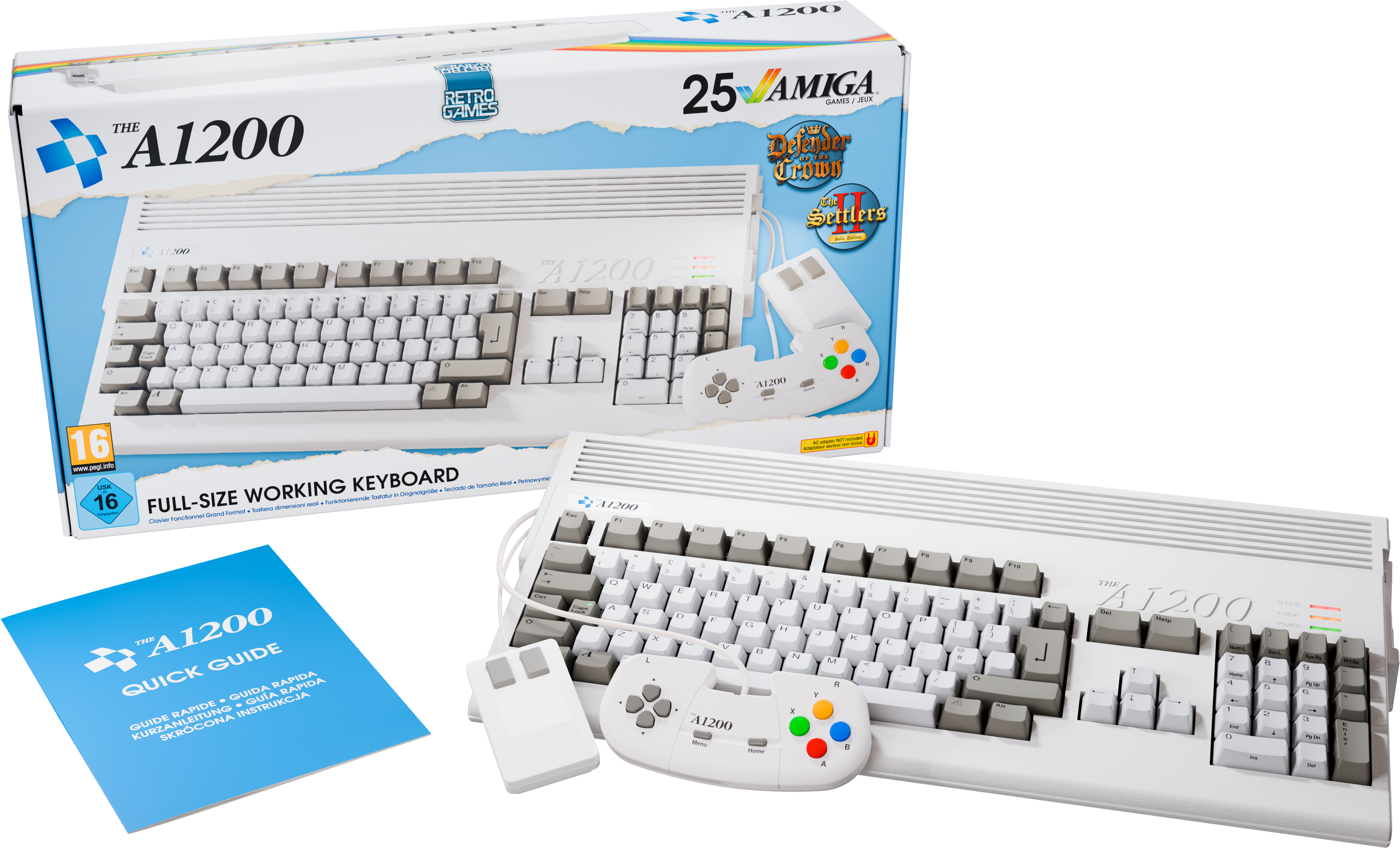 Un ordinateur Amiga A1200 avec clavier, souris, manette et manuel.