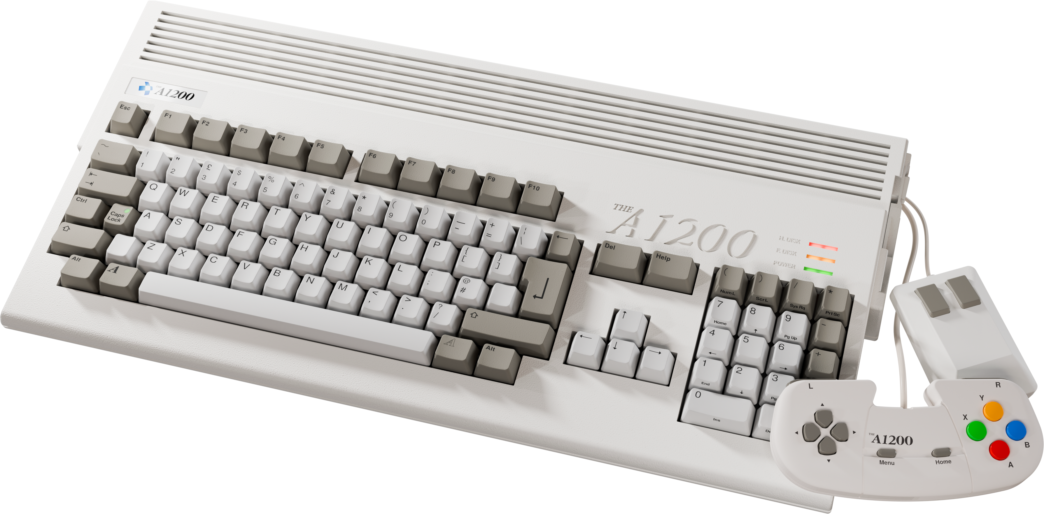 Un ordinateur A1200 blanc avec clavier, souris et manette.