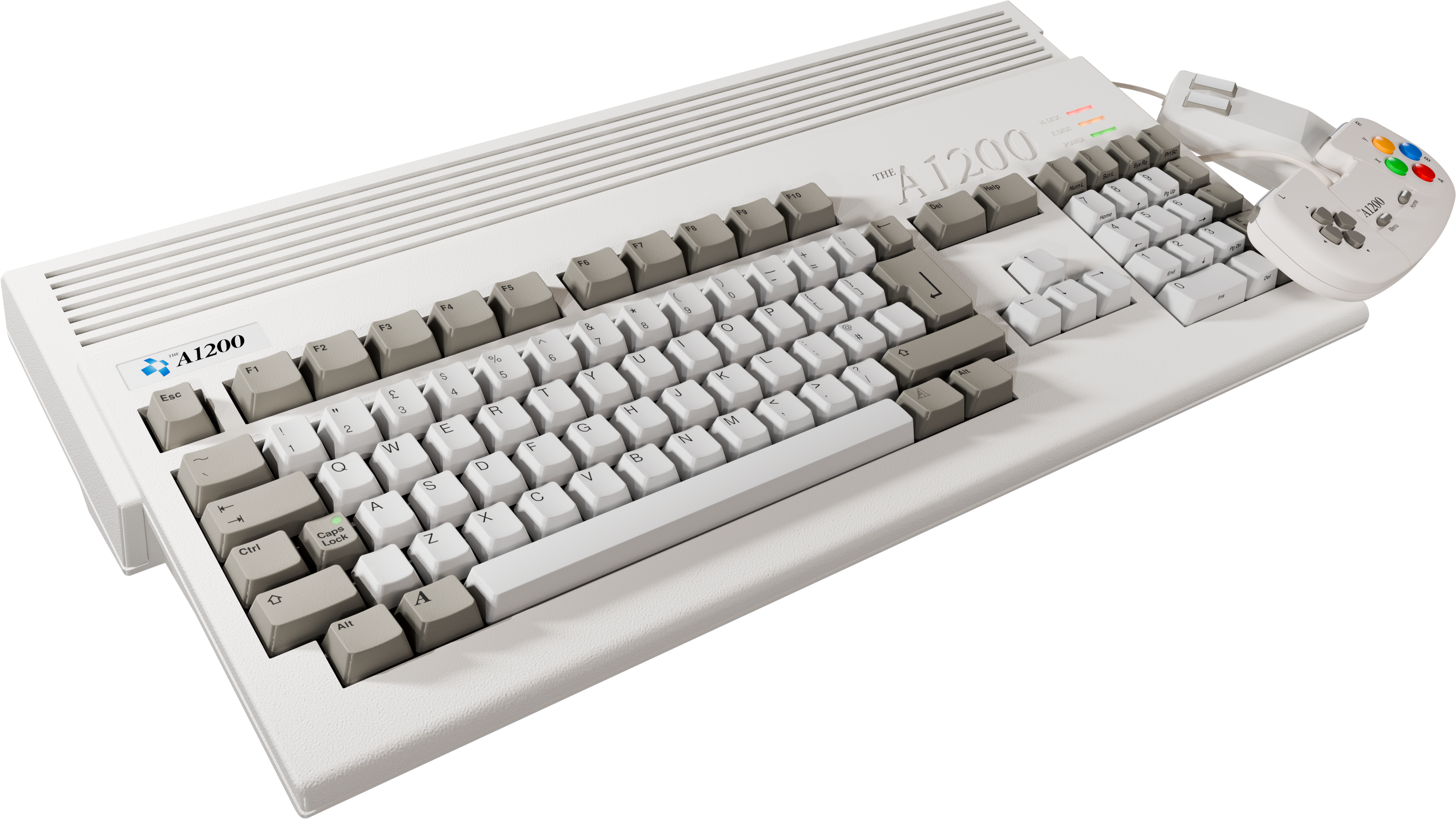 Un ordinateur Amiga A1200 blanc avec clavier et manette, vu de dessus.