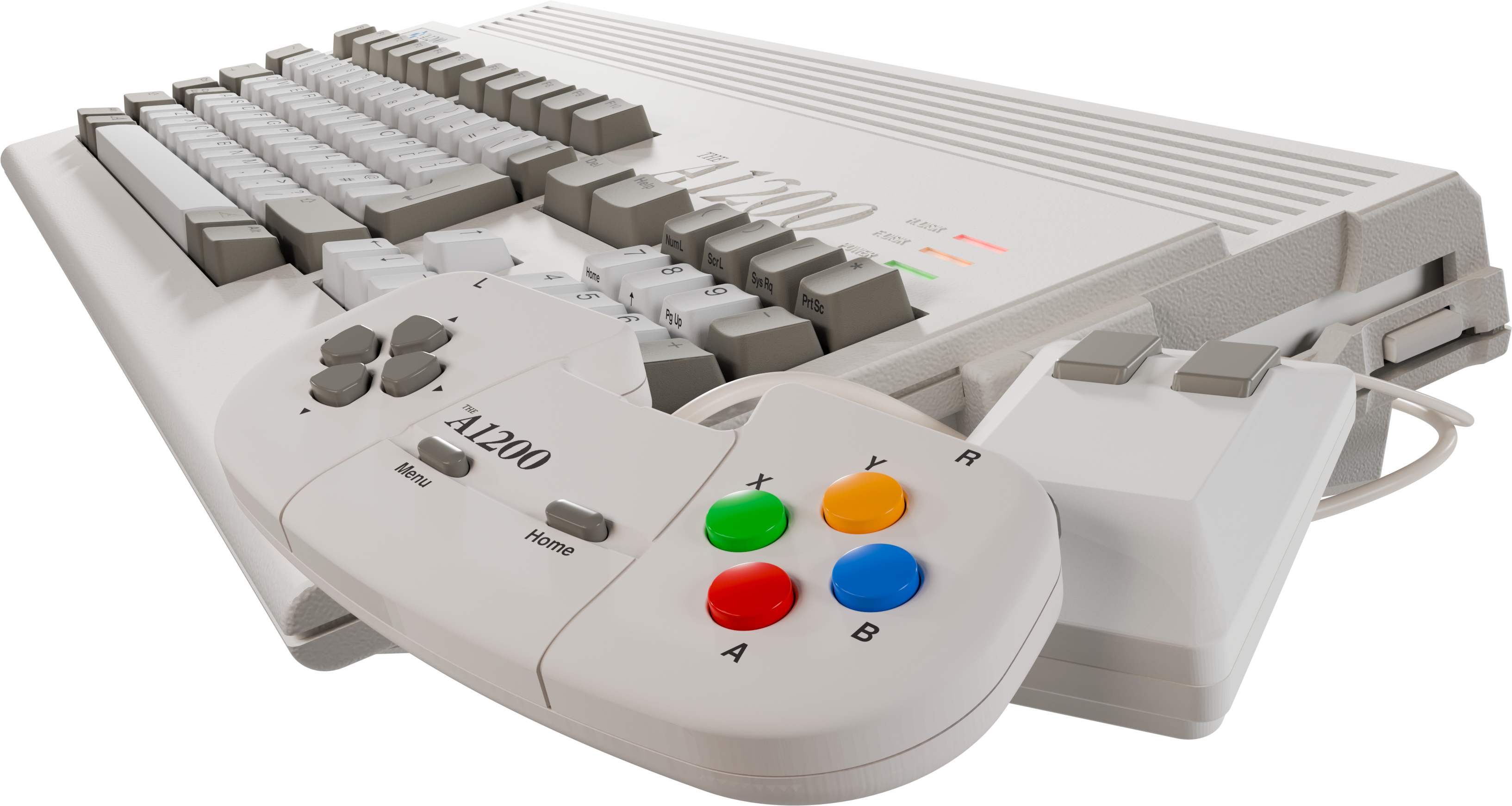 Un ordinateur Commodore A1200 blanc avec clavier, souris et manette.