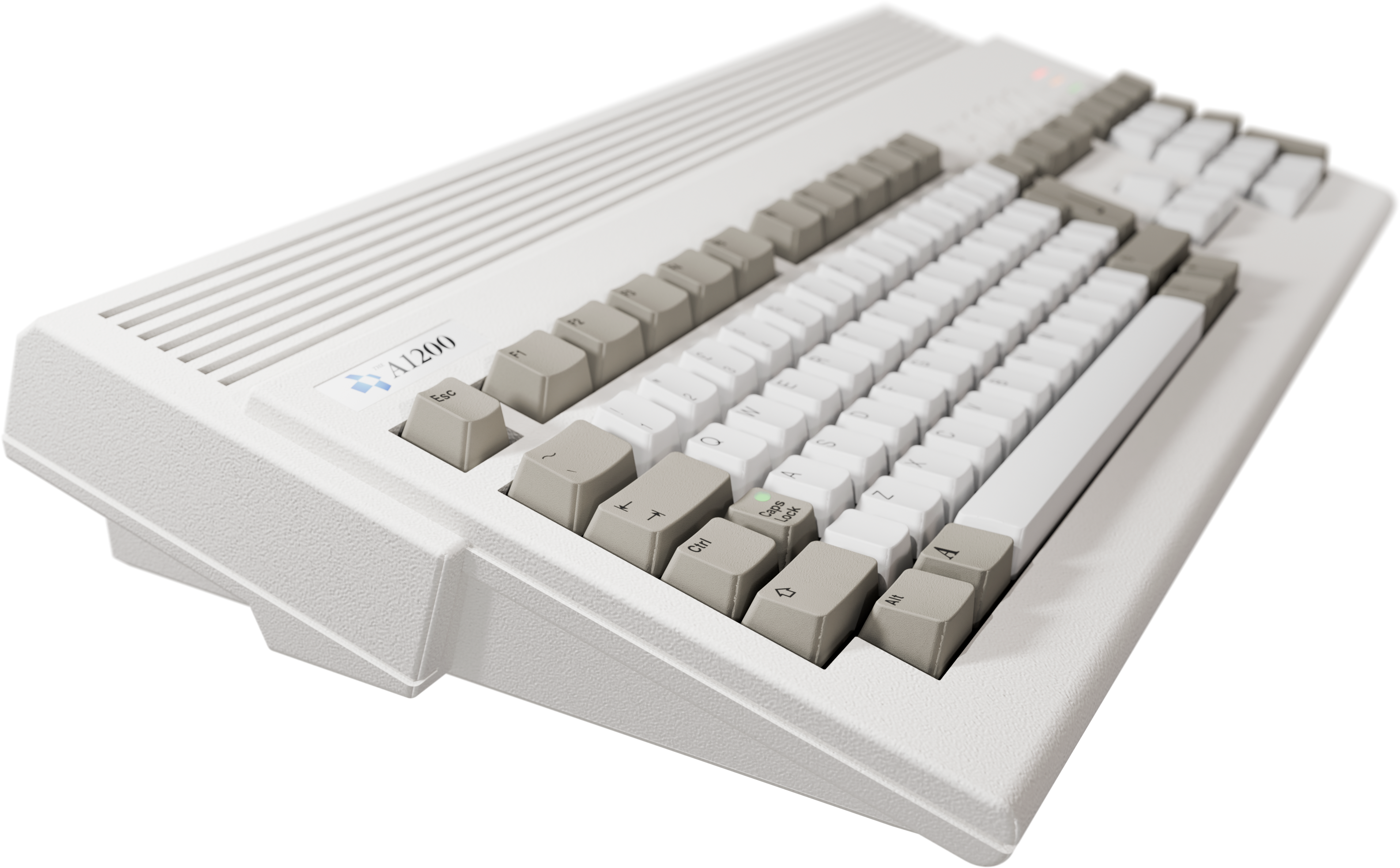 Un boîtier de clavier A1200 blanc avec des touches grises et blanches sur fond noir.