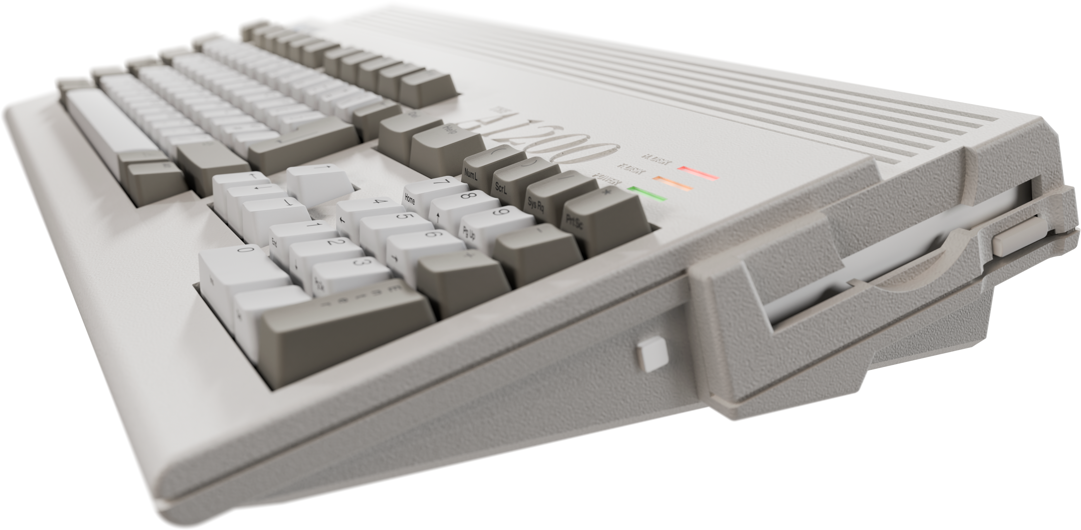 Un ordinateur beige avec clavier et lecteur de disquettes.