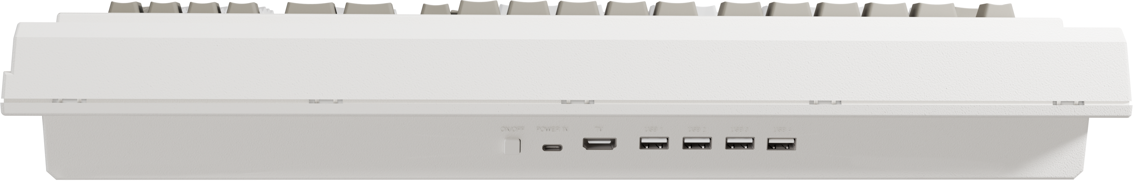Clavier blanc avec ports USB-C, USB-A et un interrupteur marche/arrêt.