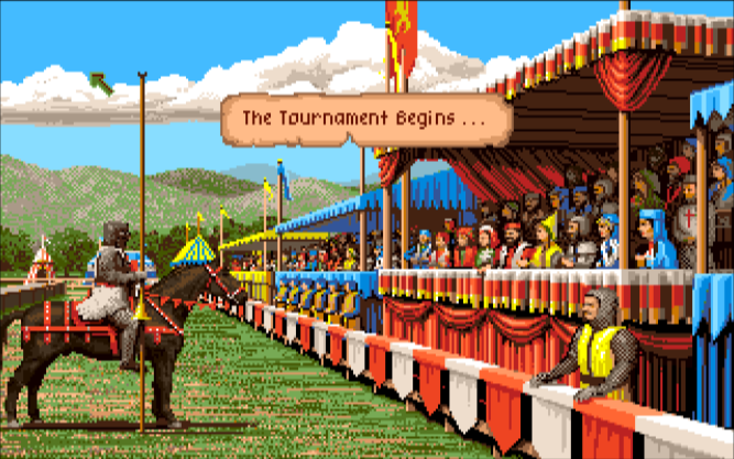 Un chevalier à cheval devant un tournoi avec des spectateurs.